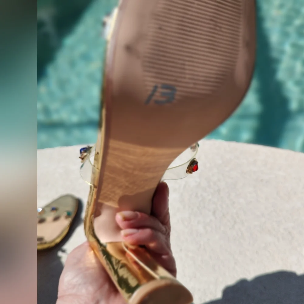 Dainty Minimal Gold Heels With Colorful Stones On Straps - Picture 10 of 14